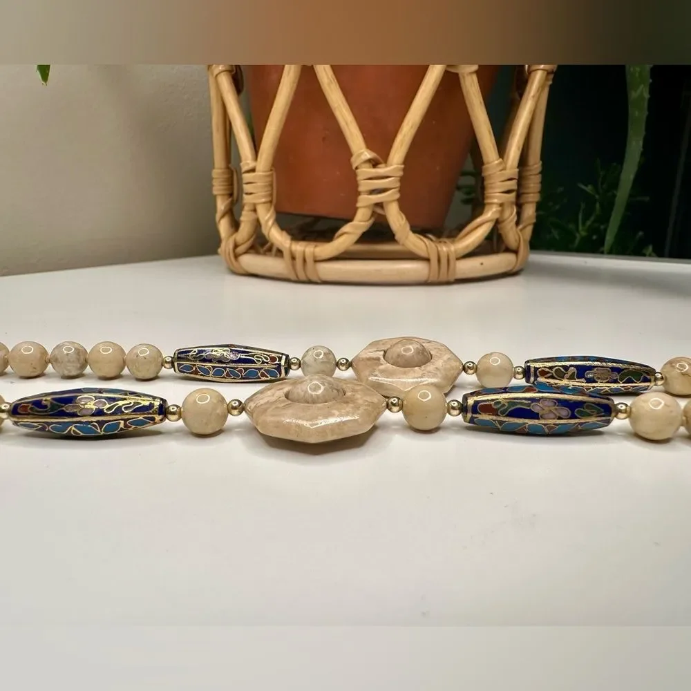 Vintage Beaded Necklace with Carved Stone Accents & Cloisonné Enamel Beads 28.5” - Picture 5 of 9